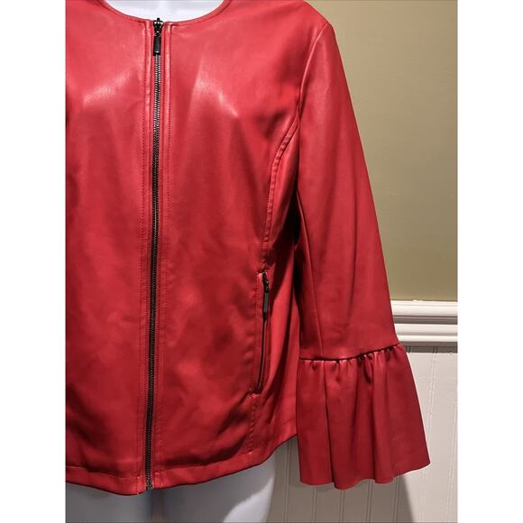 Alfani Women’s S Red Faux Leather Pleather Jacket Collarless Ruffle Sleeve - Picture 5 of 7